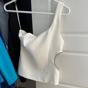 Zara White Asymmetrical Crop Top with Beaded Cutout